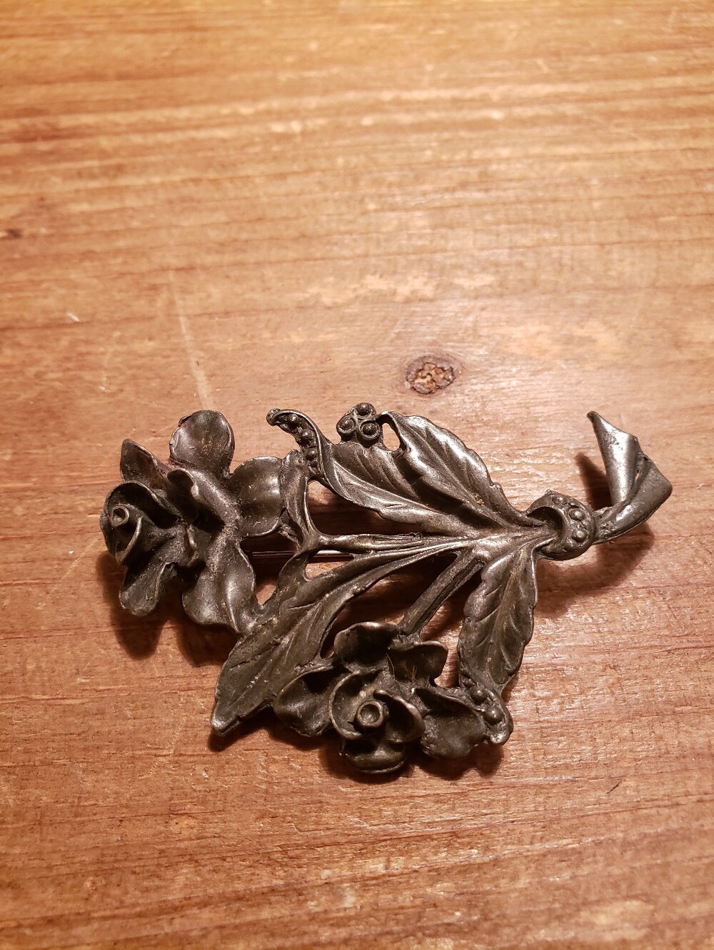 Vintage Dark Pewter Color Rose Brooch